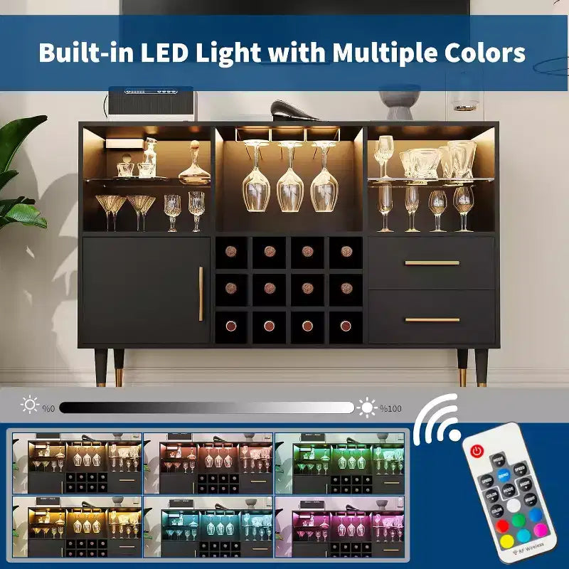 Bar à vin 47" avec lumières LED et station de charge, meuble bar moderne avec casier à vin et rangements