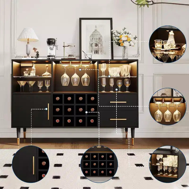 Bar à vin 47" avec lumières LED et station de charge, meuble bar moderne avec casier à vin et rangements