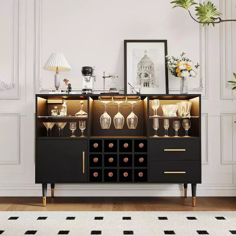 Bar à vin 47" avec lumières LED et station de charge, meuble bar moderne avec casier à vin et rangements