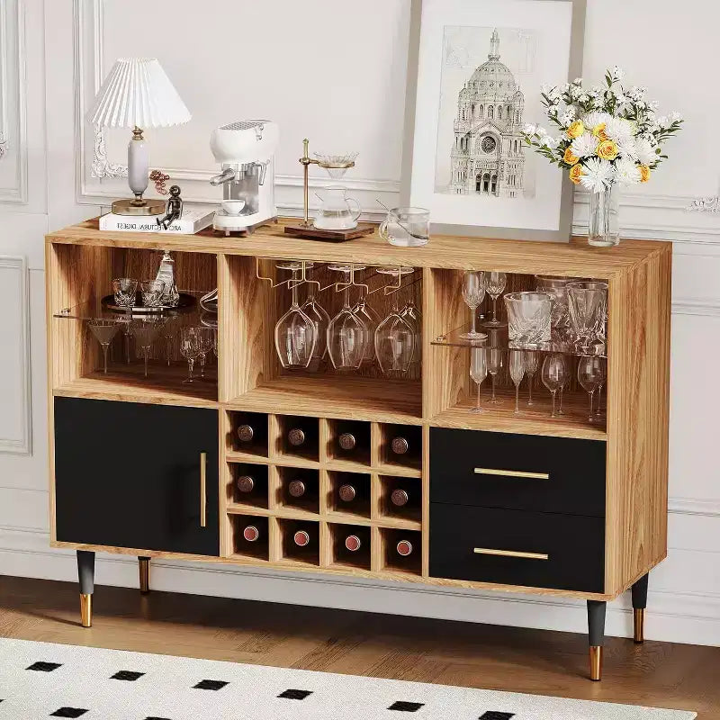 Bar à vin 47" avec lumières LED et station de charge, meuble bar moderne avec casier à vin et rangements
