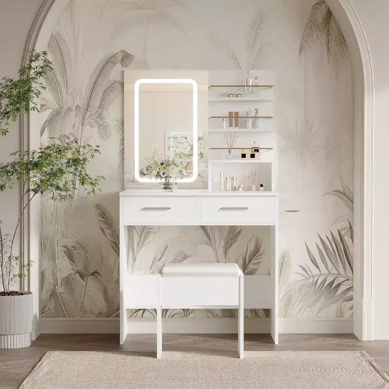 Coiffeuse avec miroir et lumières, table de maquillage avec 2 tiroirs, étagères de rangement ouvertes, 3 modes d'éclairage réglables pour chambre à coucher