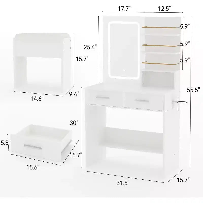 Coiffeuse avec miroir et lumières, table de maquillage avec 2 tiroirs, étagères de rangement ouvertes, 3 modes d'éclairage réglables pour chambre à coucher