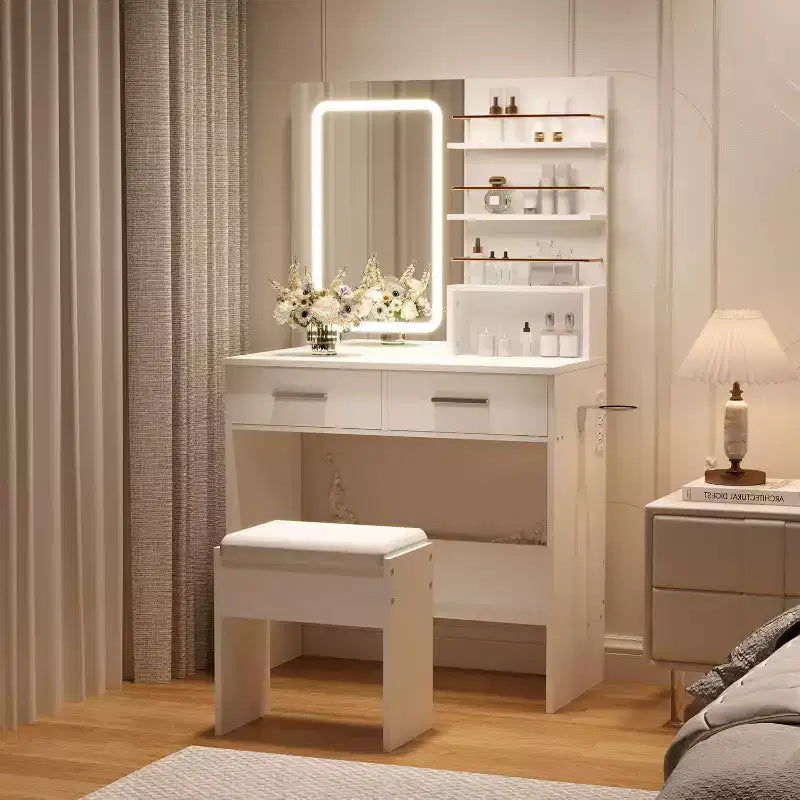 Coiffeuse avec miroir et lumières, table de maquillage avec 2 tiroirs, étagères de rangement ouvertes, 3 modes d'éclairage réglables pour chambre à coucher