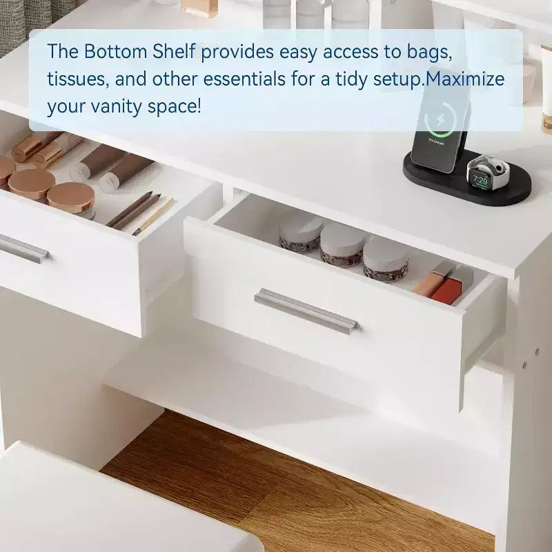 Coiffeuse avec miroir et lumières, table de maquillage avec 2 tiroirs, étagères de rangement ouvertes, 3 modes d'éclairage réglables pour chambre à coucher