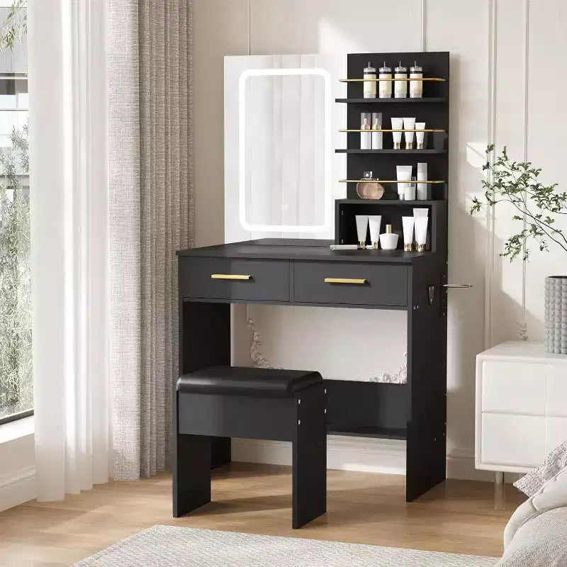 Coiffeuse avec miroir et lumières, table de maquillage avec 2 tiroirs, étagères de rangement ouvertes, 3 modes d'éclairage réglables pour chambre à coucher