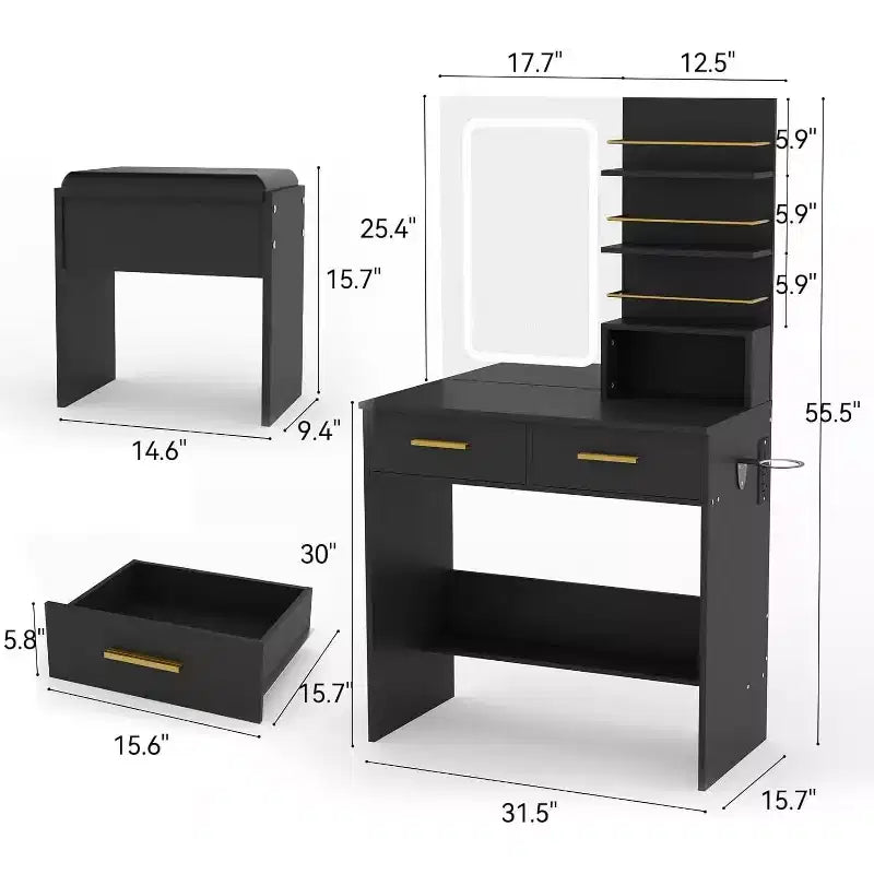 Coiffeuse avec miroir et lumières, table de maquillage avec 2 tiroirs, étagères de rangement ouvertes, 3 modes d'éclairage réglables pour chambre à coucher