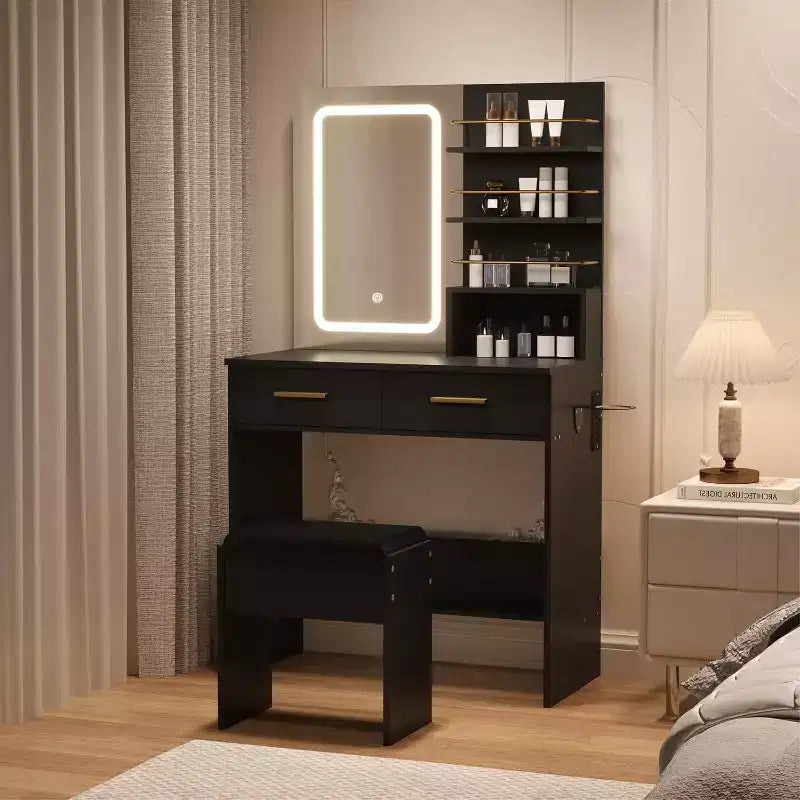 Coiffeuse avec miroir et lumières, table de maquillage avec 2 tiroirs, étagères de rangement ouvertes, 3 modes d'éclairage réglables pour chambre à coucher