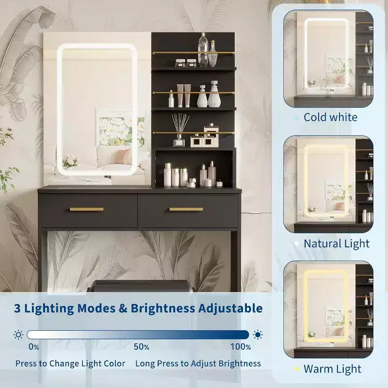 Coiffeuse avec miroir et lumières, table de maquillage avec 2 tiroirs, étagères de rangement ouvertes, 3 modes d'éclairage réglables pour chambre à coucher