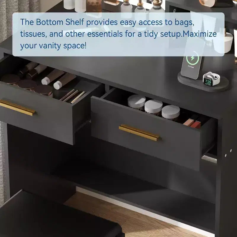 Coiffeuse avec miroir et lumières, table de maquillage avec 2 tiroirs, étagères de rangement ouvertes, 3 modes d'éclairage réglables pour chambre à coucher