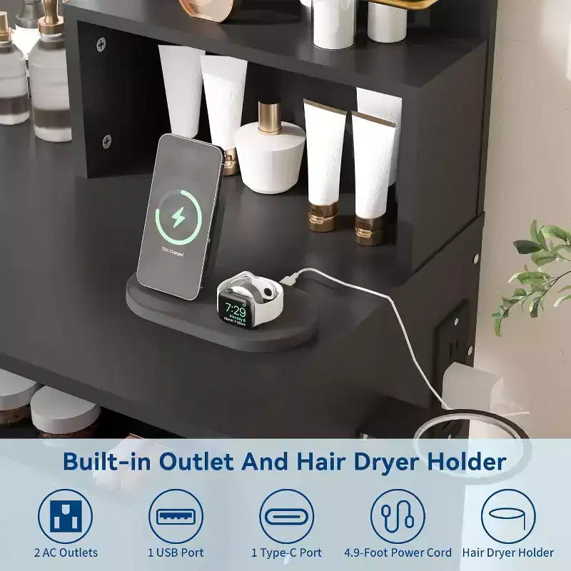 Coiffeuse avec miroir et lumières, table de maquillage avec 2 tiroirs, étagères de rangement ouvertes, 3 modes d'éclairage réglables pour chambre à coucher