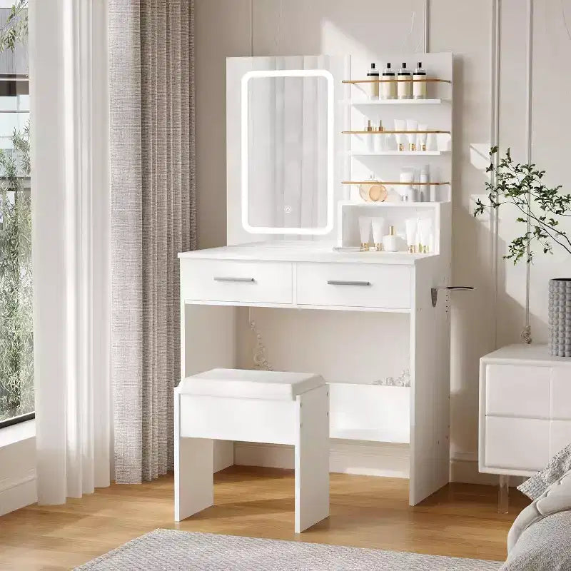 Coiffeuse avec miroir et lumières, table de maquillage avec 2 tiroirs, étagères de rangement ouvertes, 3 modes d'éclairage réglables pour chambre à coucher