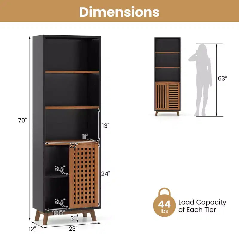 Étagère à 5 niveaux de 70 po avec étagère réglable réversible et portes coulissantes