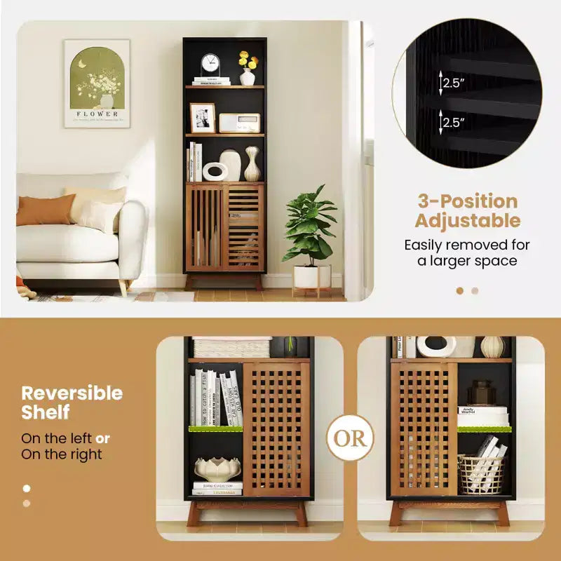Étagère à 5 niveaux de 70 po avec étagère réglable réversible et portes coulissantes