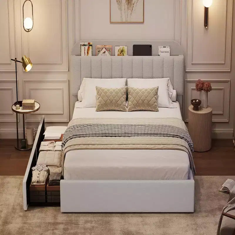 Lit plateforme capitonné en boucle avec tête de lit de rangement, 2 tiroirs et bibliothèque, tailles double/doublette/grand lit