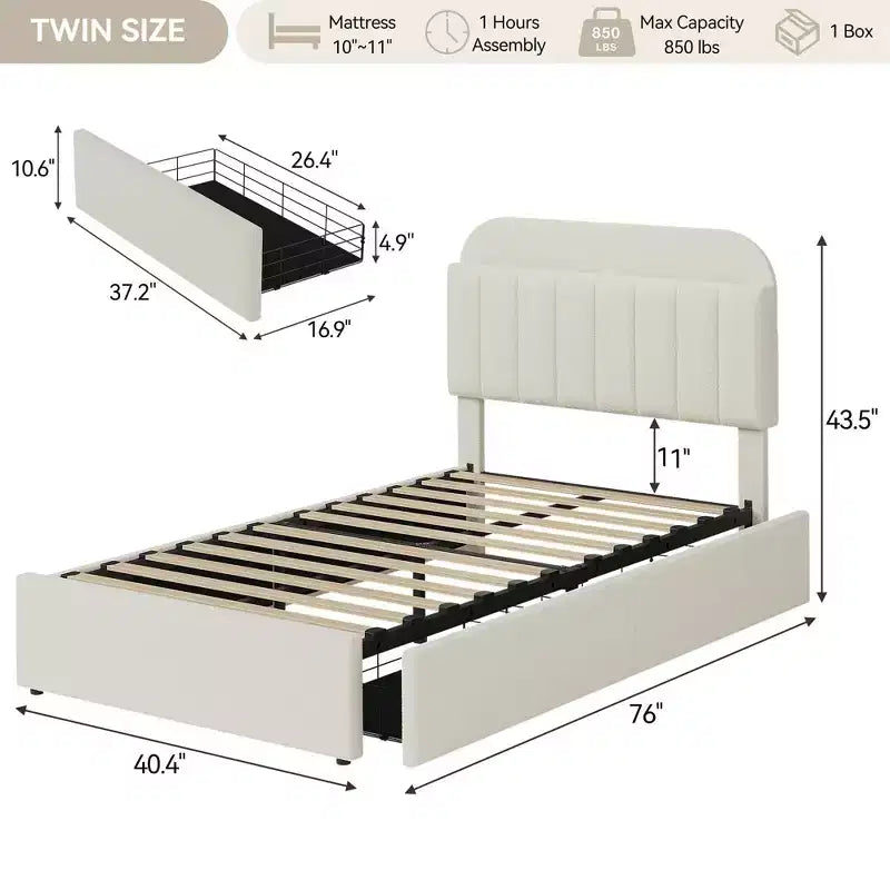 Lit plateforme capitonné en boucle avec tête de lit de rangement, 2 tiroirs et bibliothèque, tailles double/doublette/grand lit