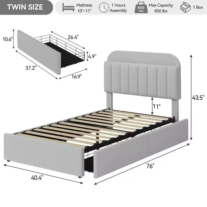 Lit plateforme capitonné en boucle avec tête de lit de rangement, 2 tiroirs et bibliothèque, tailles double/doublette/grand lit