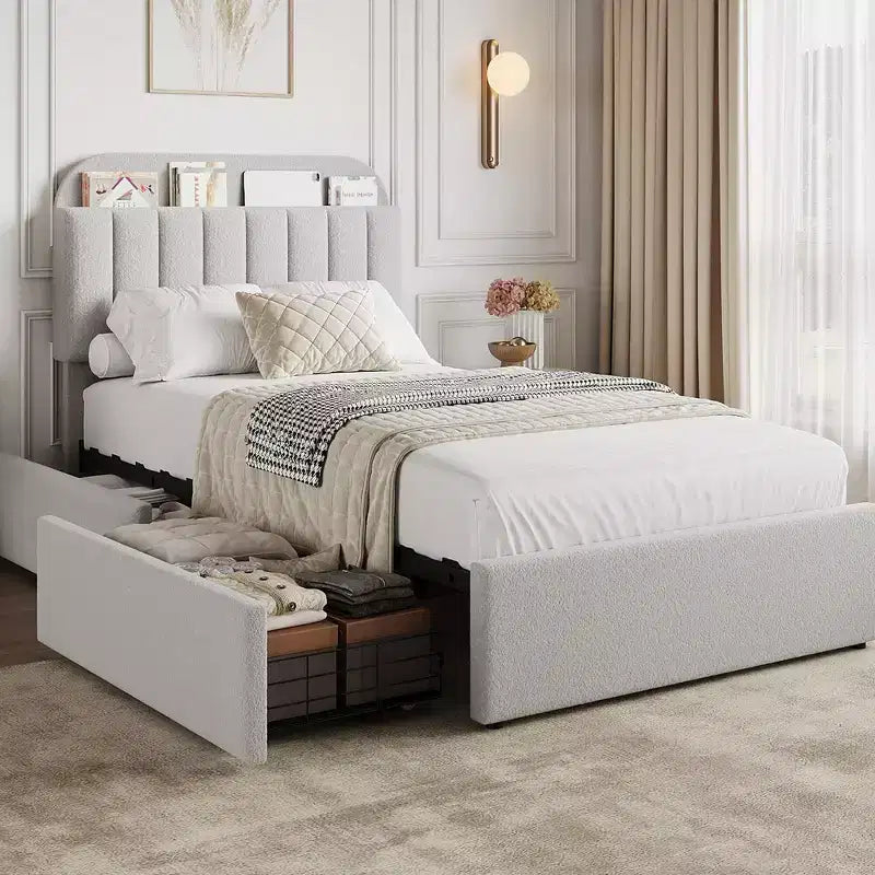 Twin/Full/Queen Size Bed Frame with Storage Headboard, 2 Drawers, Boucle Upholstered Platform Bed with Bookcase
