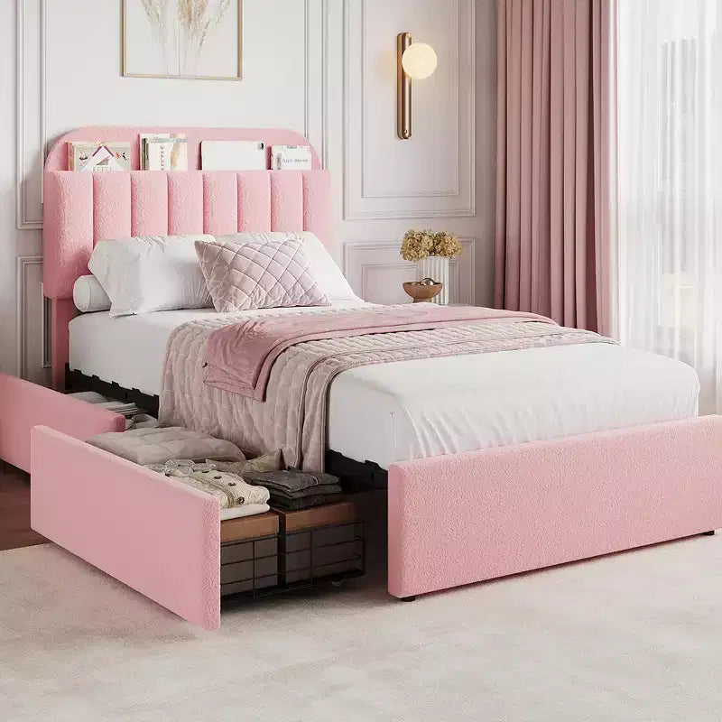 Twin/Full/Queen Size Bed Frame with Storage Headboard, 2 Drawers, Boucle Upholstered Platform Bed with Bookcase