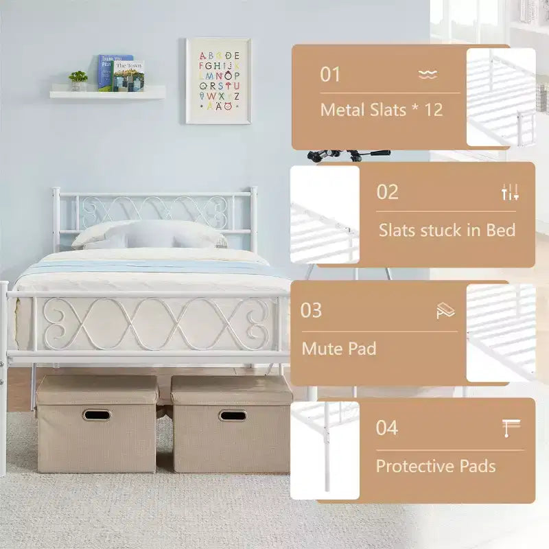 Cadre de lit en métal simple avec tête et pied de lit, plateforme de 31 cm pour enfants/adolescents, aucun sommier tapissier requis