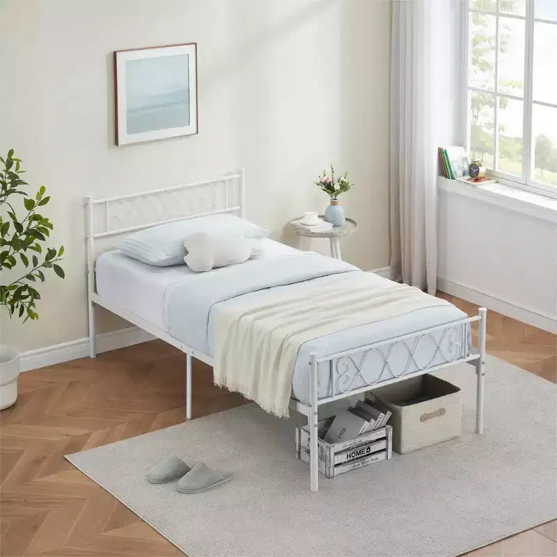 Cadre de lit en métal simple avec tête et pied de lit, plateforme de 31 cm pour enfants/adolescents, aucun sommier tapissier requis