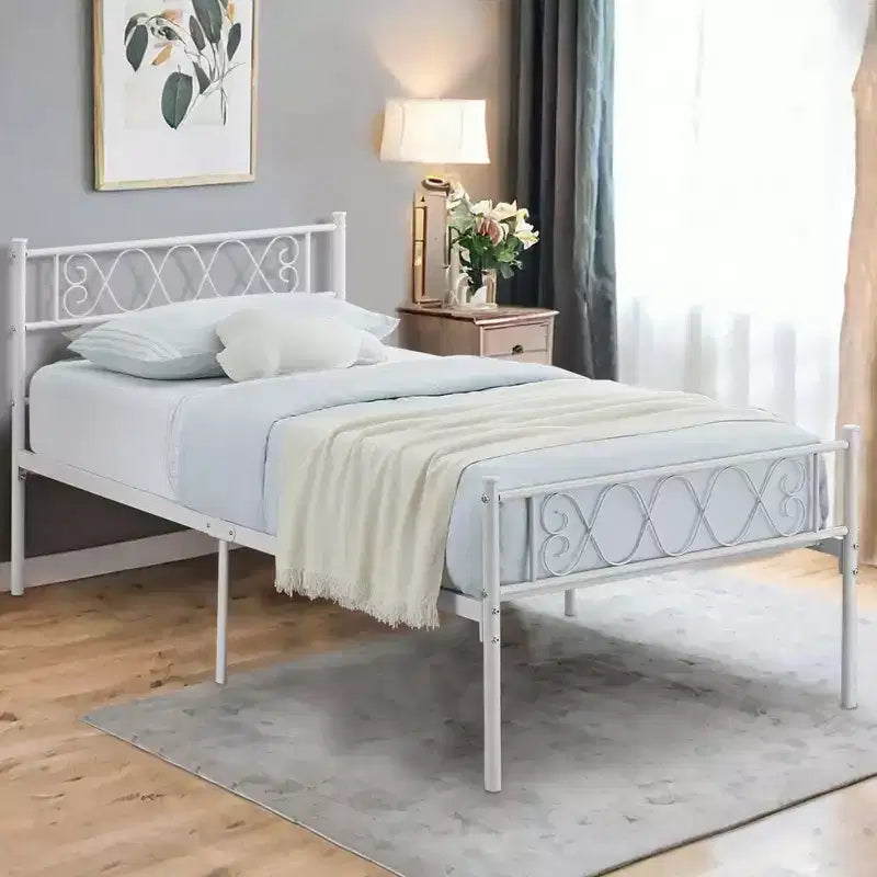 Cadre de lit en métal simple avec tête et pied de lit, plateforme de 31 cm pour enfants/adolescents, aucun sommier tapissier requis