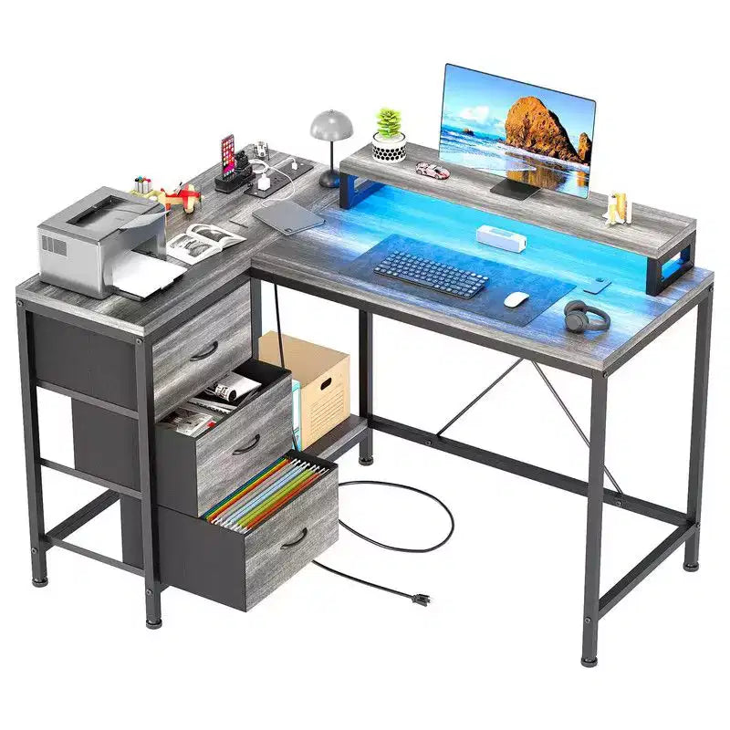Bureau d'angle en forme de L, Bureau d'ordinateur de jeu avec étagères de rangement et tiroirs pour bureau à domicile