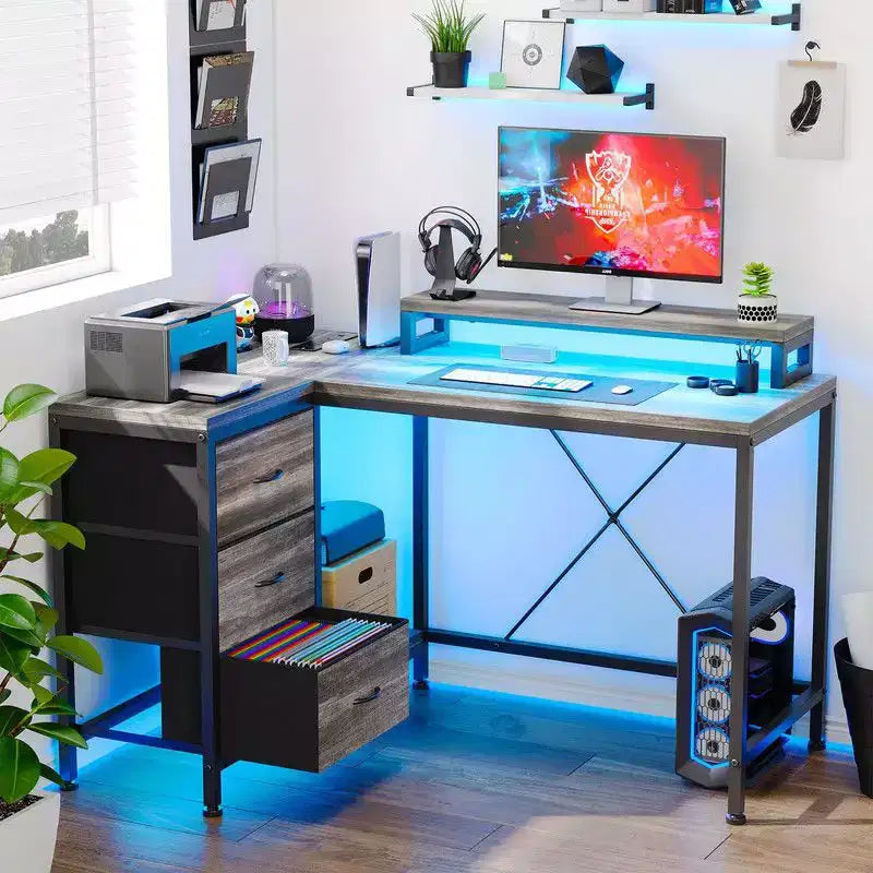 Bureau d'angle en forme de L, Bureau d'ordinateur de jeu avec étagères de rangement et tiroirs pour bureau à domicile
