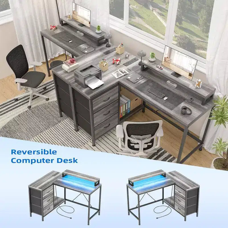 Bureau d'angle en forme de L, Bureau d'ordinateur de jeu avec étagères de rangement et tiroirs pour bureau à domicile