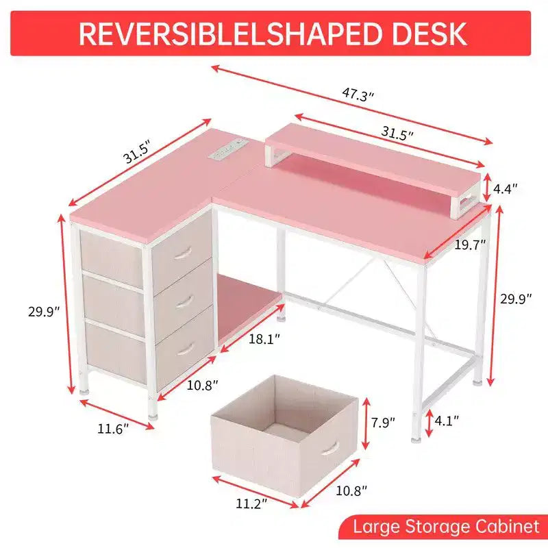 Bureau d'angle en forme de L, Bureau d'ordinateur de jeu avec étagères de rangement et tiroirs pour bureau à domicile