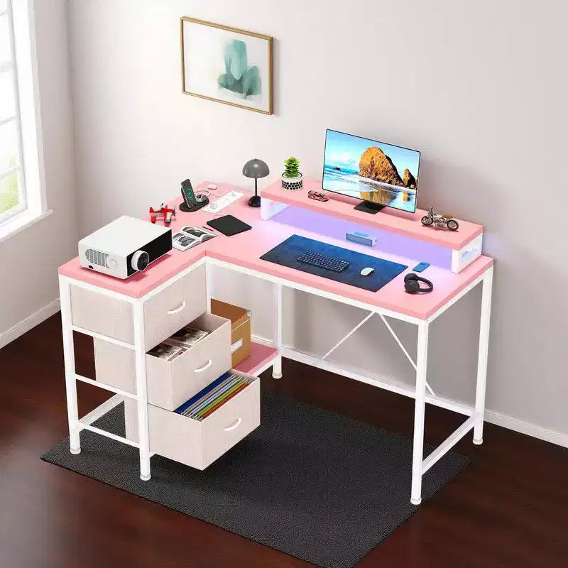Bureau d'angle en forme de L, Bureau d'ordinateur de jeu avec étagères de rangement et tiroirs pour bureau à domicile