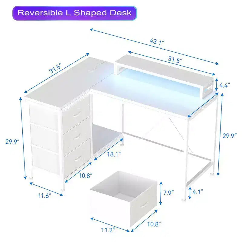 Bureau d'angle en forme de L, Bureau d'ordinateur de jeu avec étagères de rangement et tiroirs pour bureau à domicile