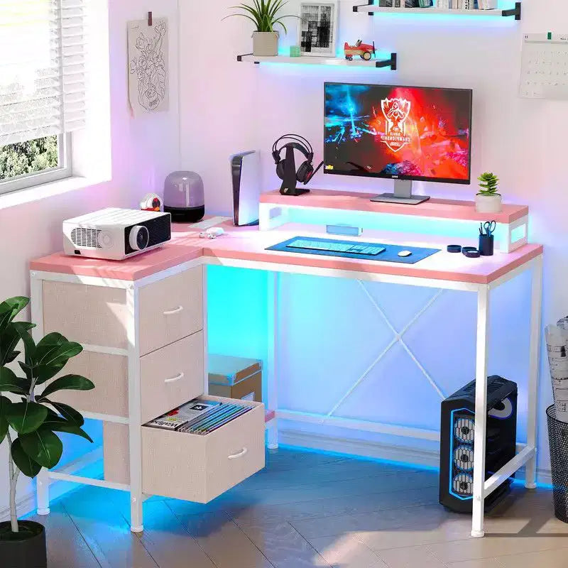 Bureau d'angle en forme de L, Bureau d'ordinateur de jeu avec étagères de rangement et tiroirs pour bureau à domicile