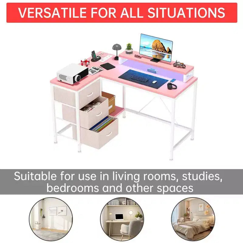 Bureau d'angle en forme de L, Bureau d'ordinateur de jeu avec étagères de rangement et tiroirs pour bureau à domicile