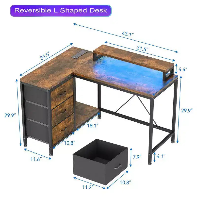 Bureau d'angle en forme de L, Bureau d'ordinateur de jeu avec étagères de rangement et tiroirs pour bureau à domicile