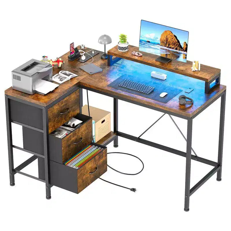 Bureau d'angle en forme de L, Bureau d'ordinateur de jeu avec étagères de rangement et tiroirs pour bureau à domicile