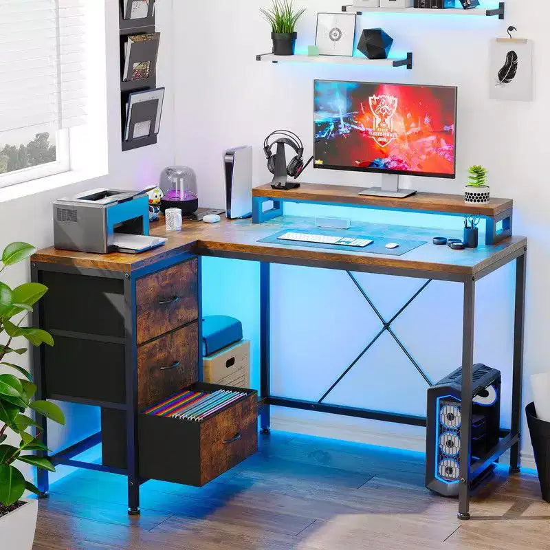 Bureau d'angle en forme de L, Bureau d'ordinateur de jeu avec étagères de rangement et tiroirs pour bureau à domicile