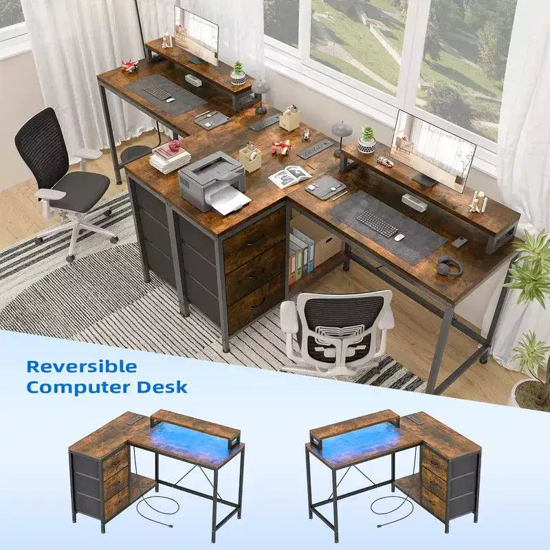 Bureau d'angle en forme de L, Bureau d'ordinateur de jeu avec étagères de rangement et tiroirs pour bureau à domicile