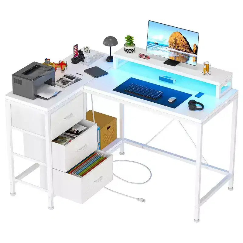 Bureau d'angle en forme de L, Bureau d'ordinateur de jeu avec étagères de rangement et tiroirs pour bureau à domicile