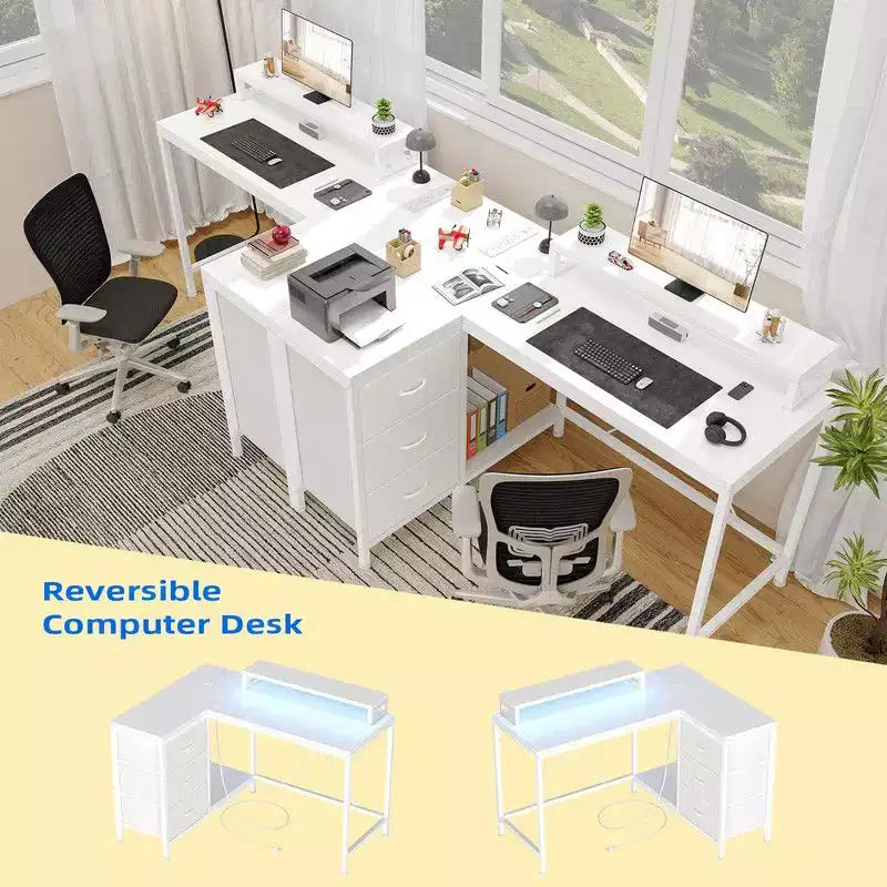 Bureau d'angle en forme de L, Bureau d'ordinateur de jeu avec étagères de rangement et tiroirs pour bureau à domicile