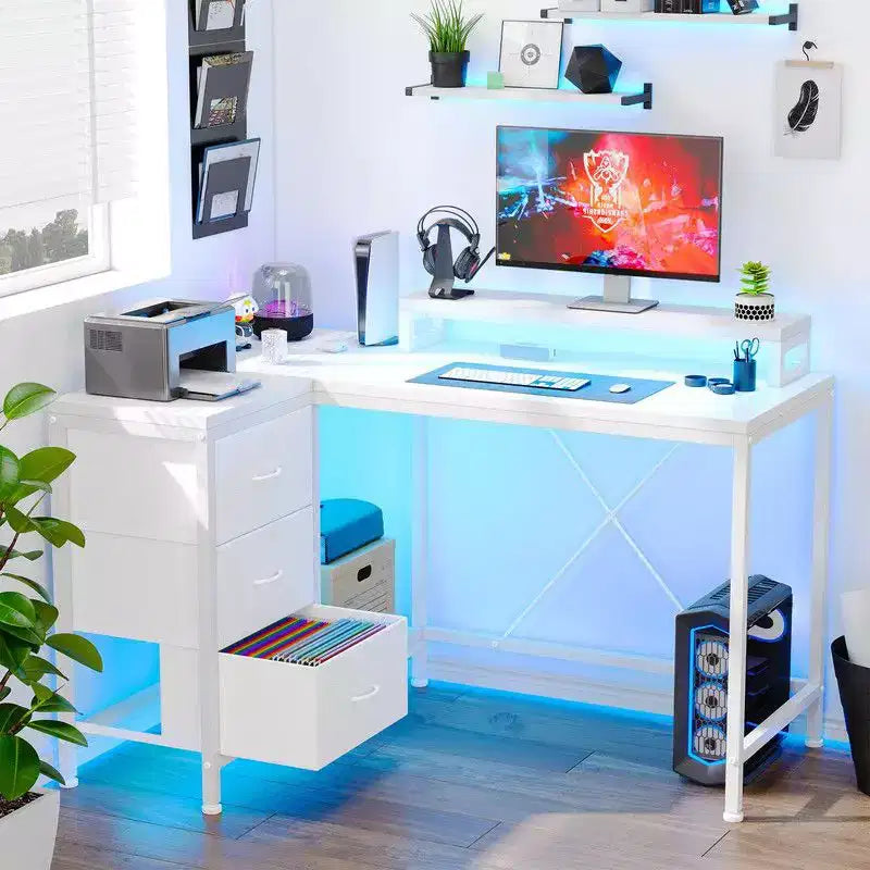 Bureau d'angle en forme de L, Bureau d'ordinateur de jeu avec étagères de rangement et tiroirs pour bureau à domicile