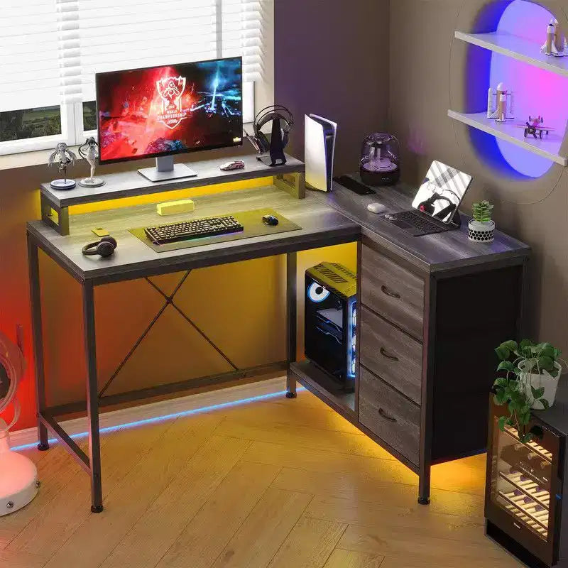 Bureau d'angle en forme de L, Bureau d'ordinateur de jeu avec étagères de rangement et tiroirs pour bureau à domicile