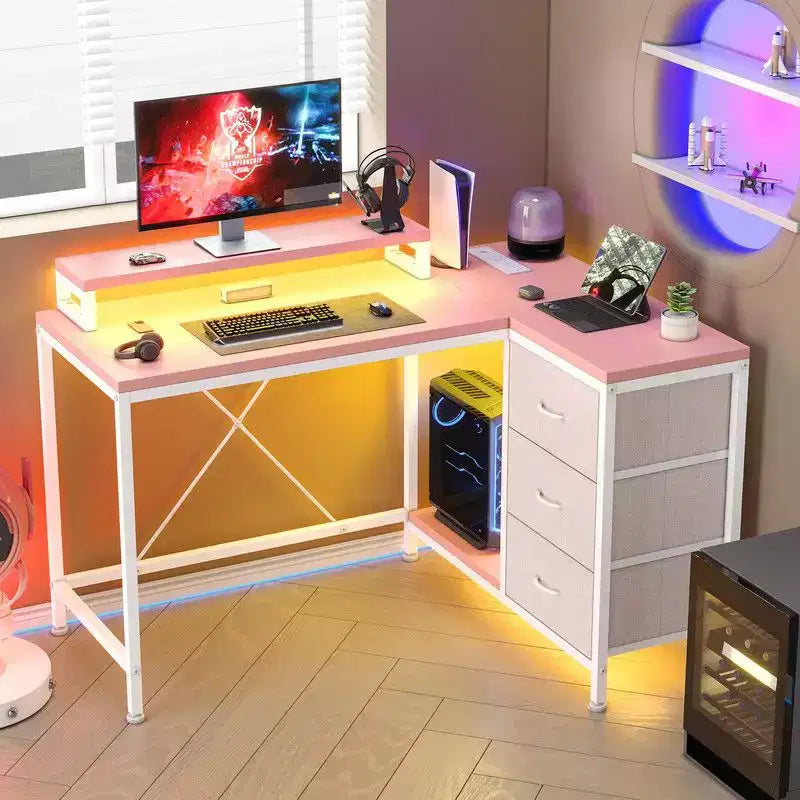 Bureau d'angle en forme de L, Bureau d'ordinateur de jeu avec étagères de rangement et tiroirs pour bureau à domicile