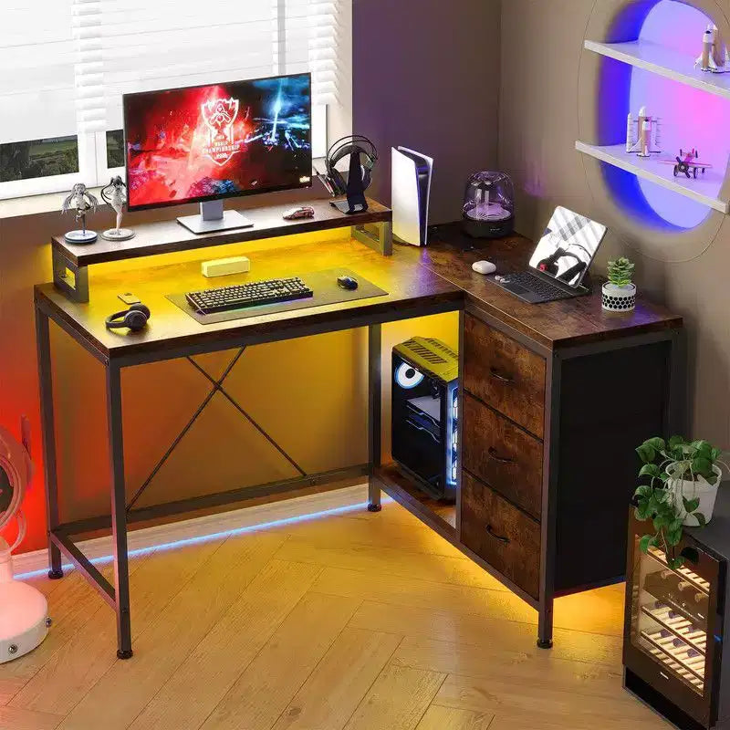 Bureau d'angle en forme de L, Bureau d'ordinateur de jeu avec étagères de rangement et tiroirs pour bureau à domicile