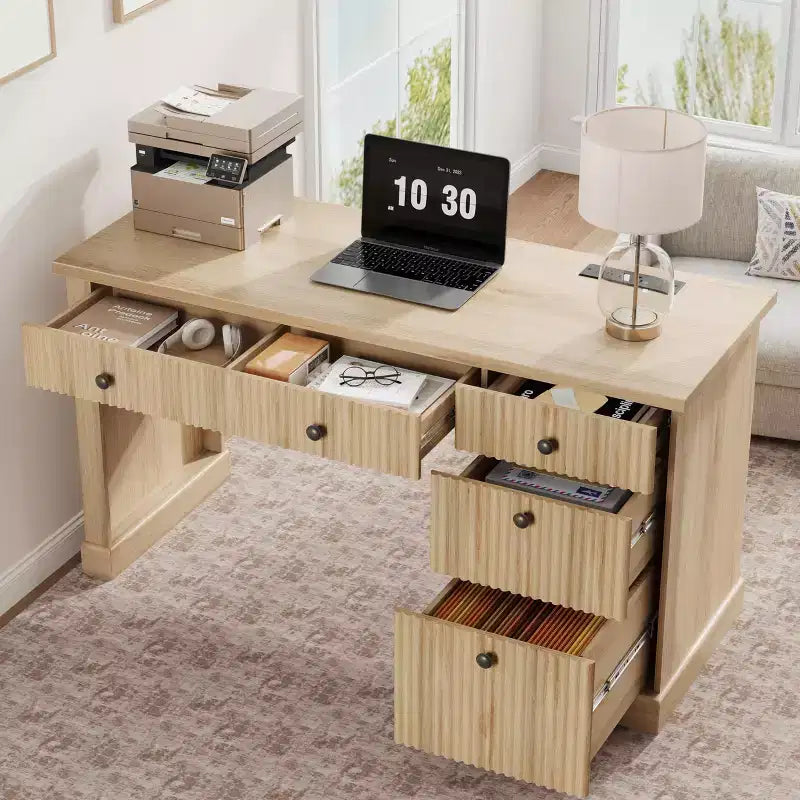 Bureau d'ordinateur cannelé de 137 cm avec rangement, bureau de direction moderne avec classeur et tiroirs, bureau d'écriture en bois