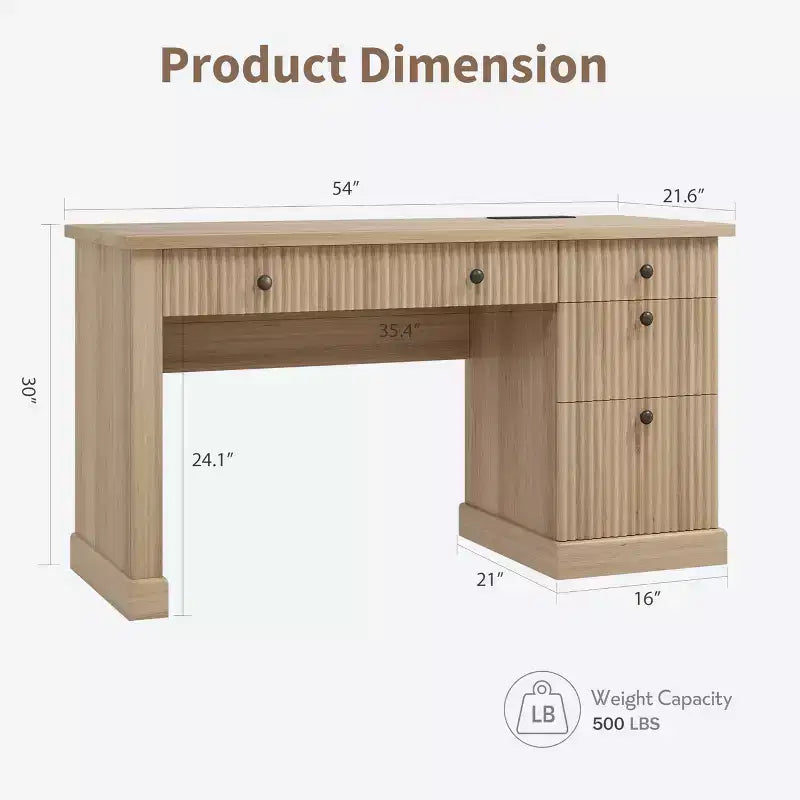 Bureau d'ordinateur cannelé de 137 cm avec rangement, bureau de direction moderne avec classeur et tiroirs, bureau d'écriture en bois