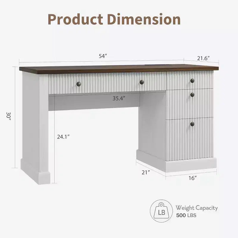 Bureau d'ordinateur cannelé de 137 cm avec rangement, bureau de direction moderne avec classeur et tiroirs, bureau d'écriture en bois