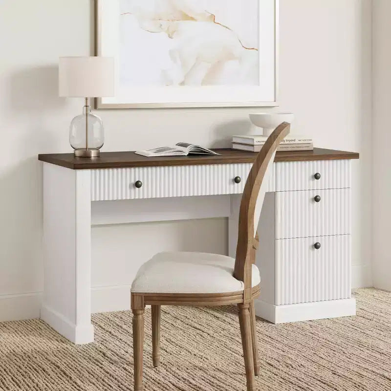 Bureau d'ordinateur cannelé de 137 cm avec rangement, bureau de direction moderne avec classeur et tiroirs, bureau d'écriture en bois