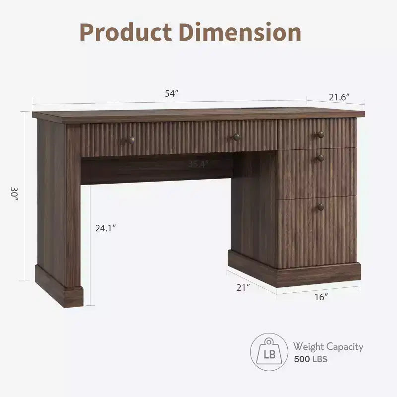 Bureau d'ordinateur cannelé de 137 cm avec rangement, bureau de direction moderne avec classeur et tiroirs, bureau d'écriture en bois