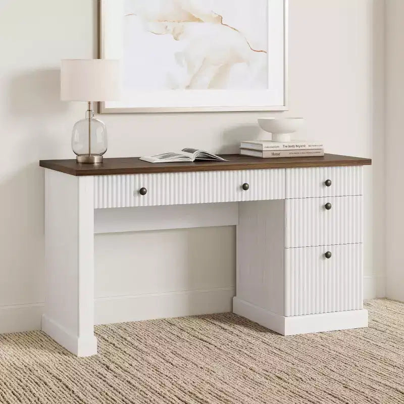 Bureau d'ordinateur cannelé de 137 cm avec rangement, bureau de direction moderne avec classeur et tiroirs, bureau d'écriture en bois