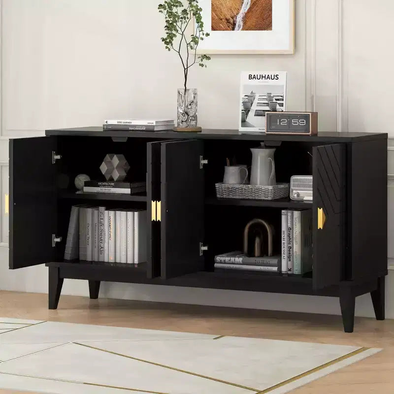 Buffet moderne avec 4 portes à motifs incurvés, meuble de rangement pour salon, salle à manger, cuisine, noir